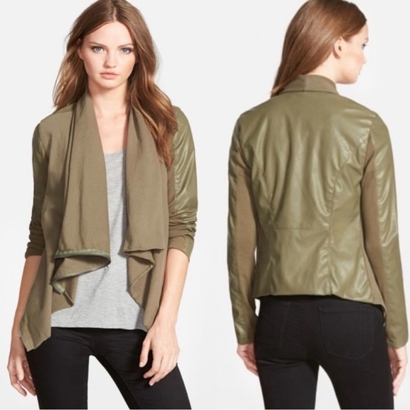BLANK NYC Tiana Drape Front Jacket Olive Green Faux Leather Size XS NWT - Picture 1 of 13